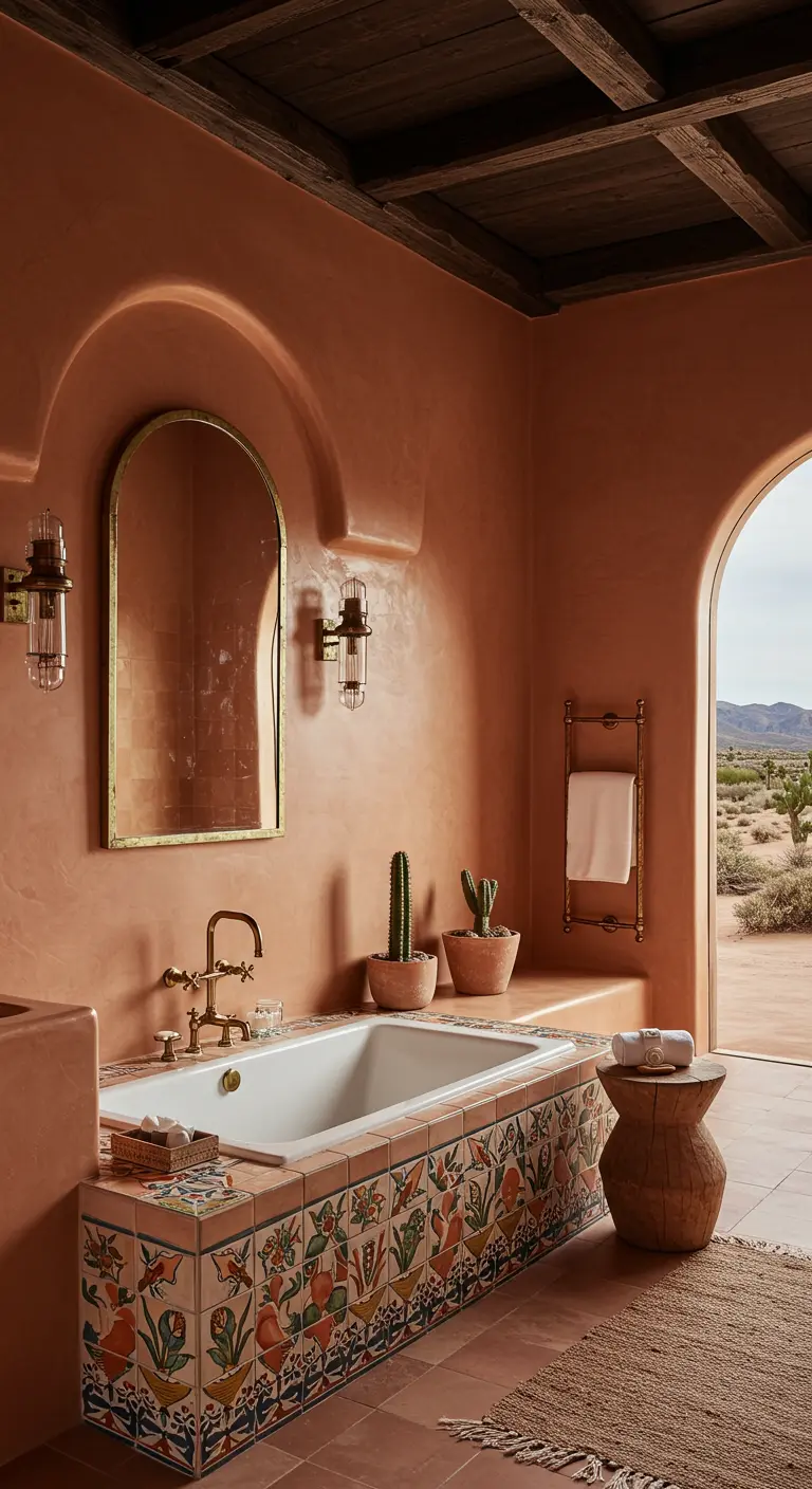 Badkamer in aardetinten met terracotta muren, ingebouwd bad met kleurrijke tegels en cactussen.