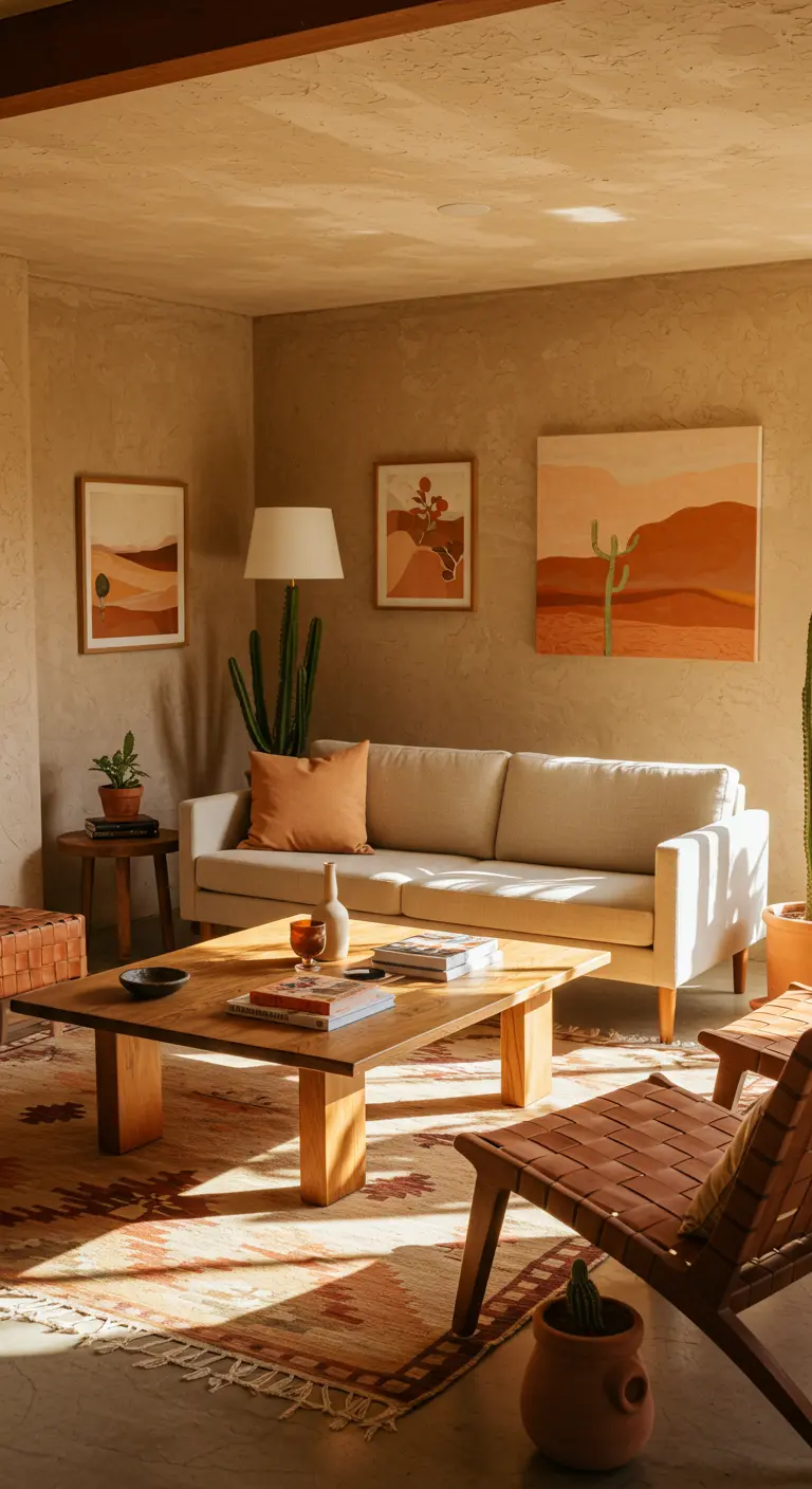 Desert chic woonkamer met lichte bank, terracotta accenten, cactussen en geweven tapijt.