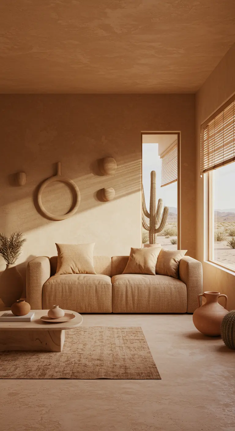 Minimalistische woonkamer in zandbeige en terracotta met cactus en organische vormen.