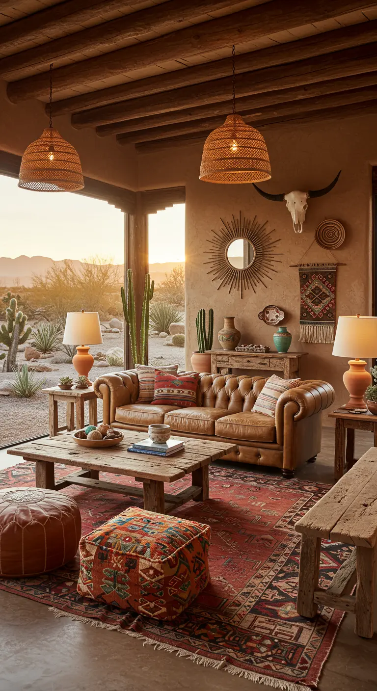 Boho woonkamer in woestijnstijl met leren bank, kelims, cactussen en houten balken.
