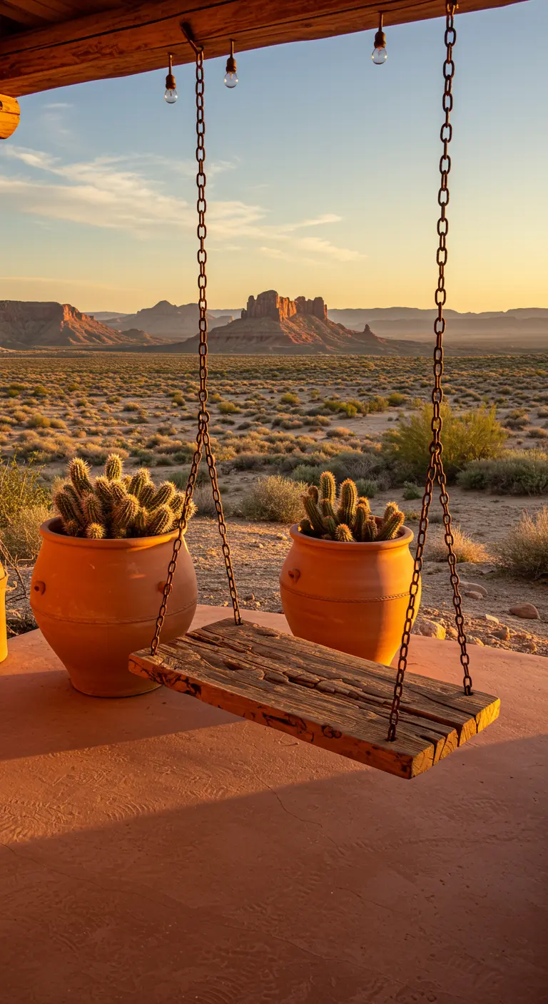 Houten plank schommel op terras met cactussen in potten en woestijnlandschap bij zonsondergang.