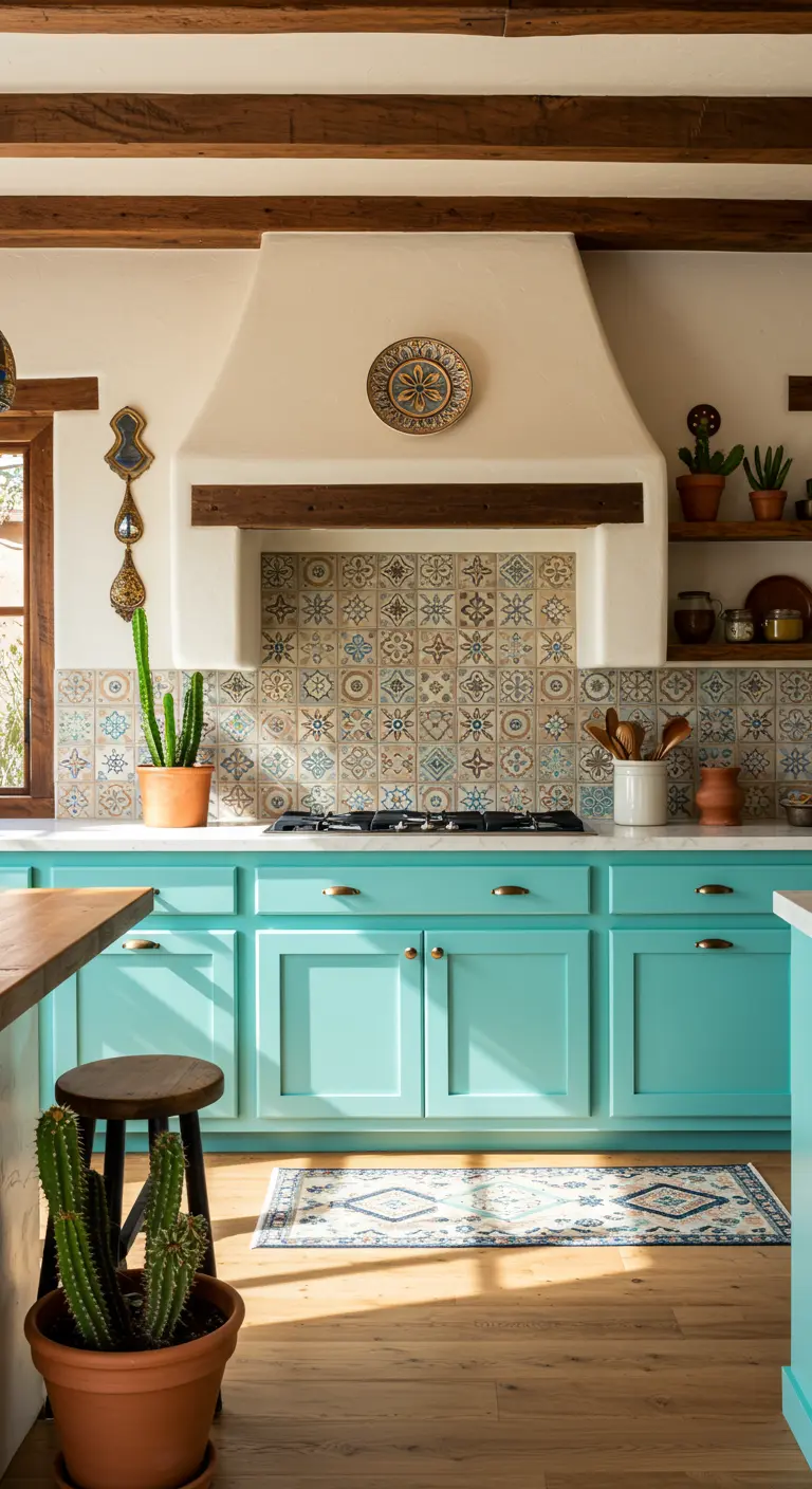 Zuidwestelijke keuken met patroon tegels, turquoise kasten, cactussen en houten accenten.