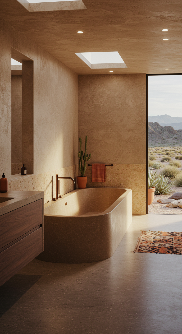 Natuurstenen bad in een badkamer met uitzicht op een woestijnlandschap, cactussen en aardetinten.