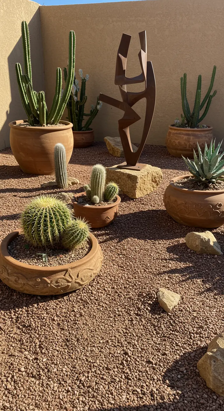 Zonnige tuin met roodbruin grind, diverse cactussen in terracotta potten en een metalen sculptuur.