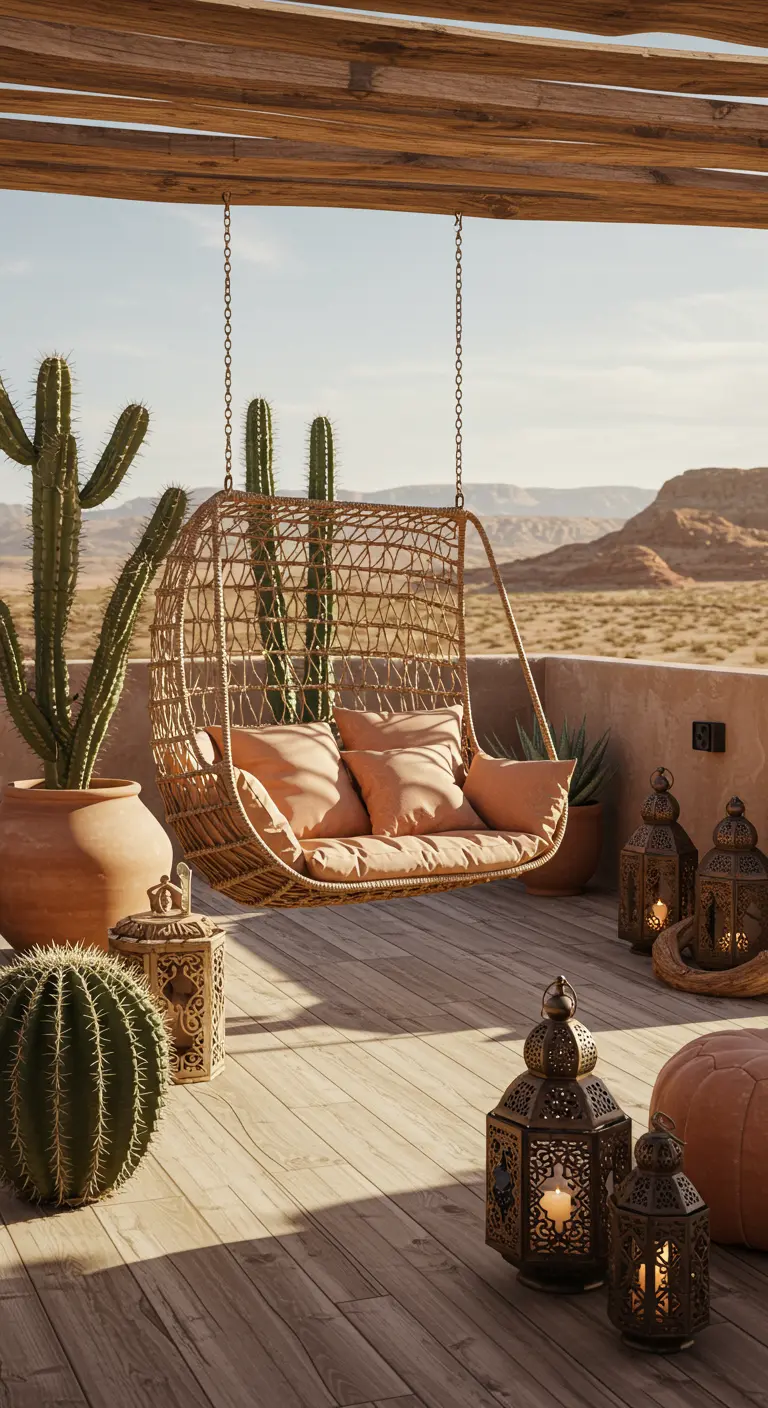 Dakterras met rieten hangstoel, cactussen in potten en bewerkte metalen lantaarns in een woestijnlandschap.