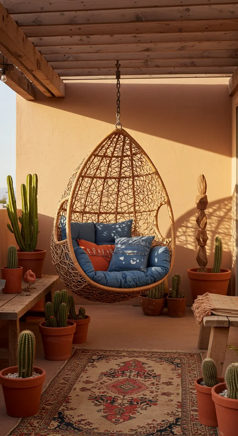Rotan ei-hangstoel tegen terracotta muur met cactussen en Perzisch tapijt.