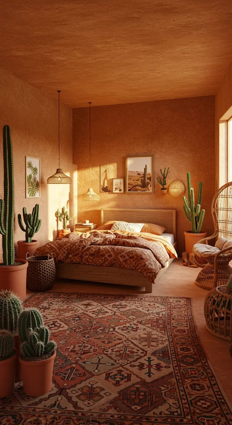 Slaapkamer in terracotta met veel cactussen, rotan meubels en Perzisch tapijt.
