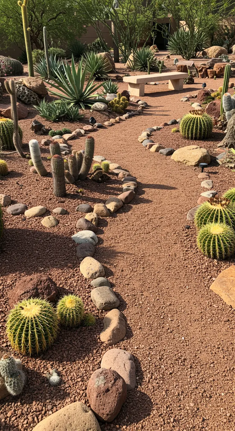 Woestijntuin met roodbruin grindpad, cactussen, vetplanten en rotsen.
