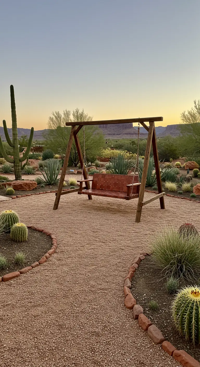 Houten schommelbank met leren zitting in een woestijntuin met cactussen en grind.