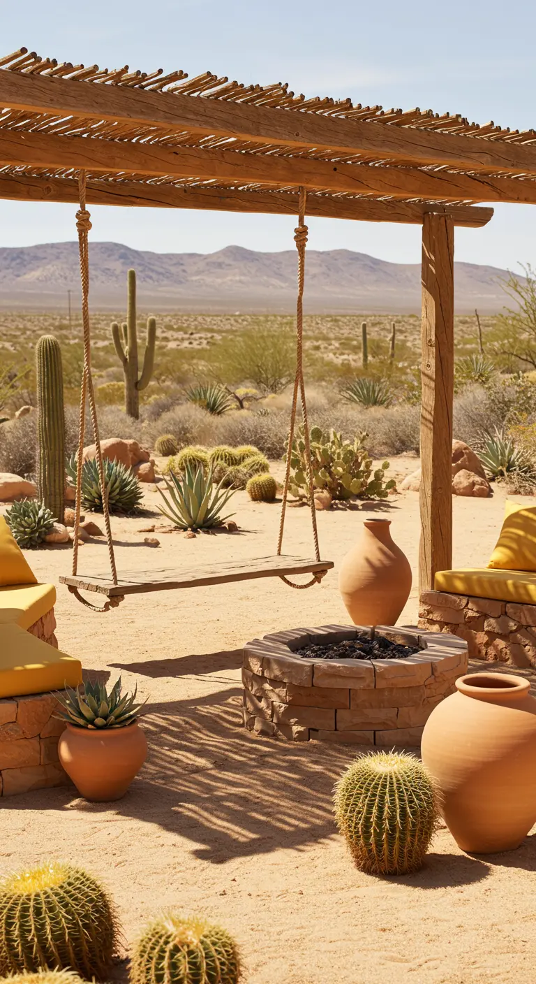 Houten pergola met eenvoudige schommel in woestijnlandschap, vuurplaats en diverse cactussen.