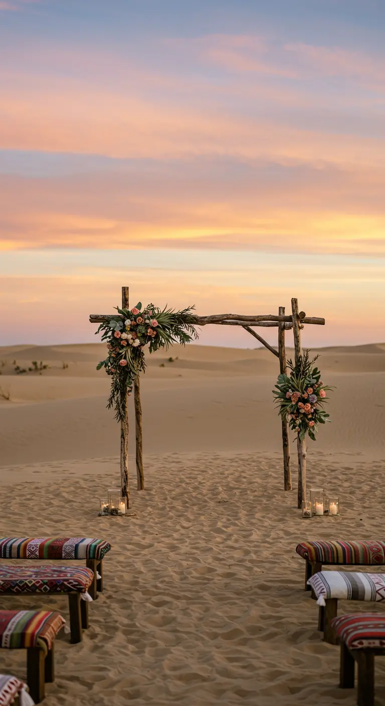 Houten trouwboog met bloemen en kleden in een woestijnlandschap bij zonsondergang.