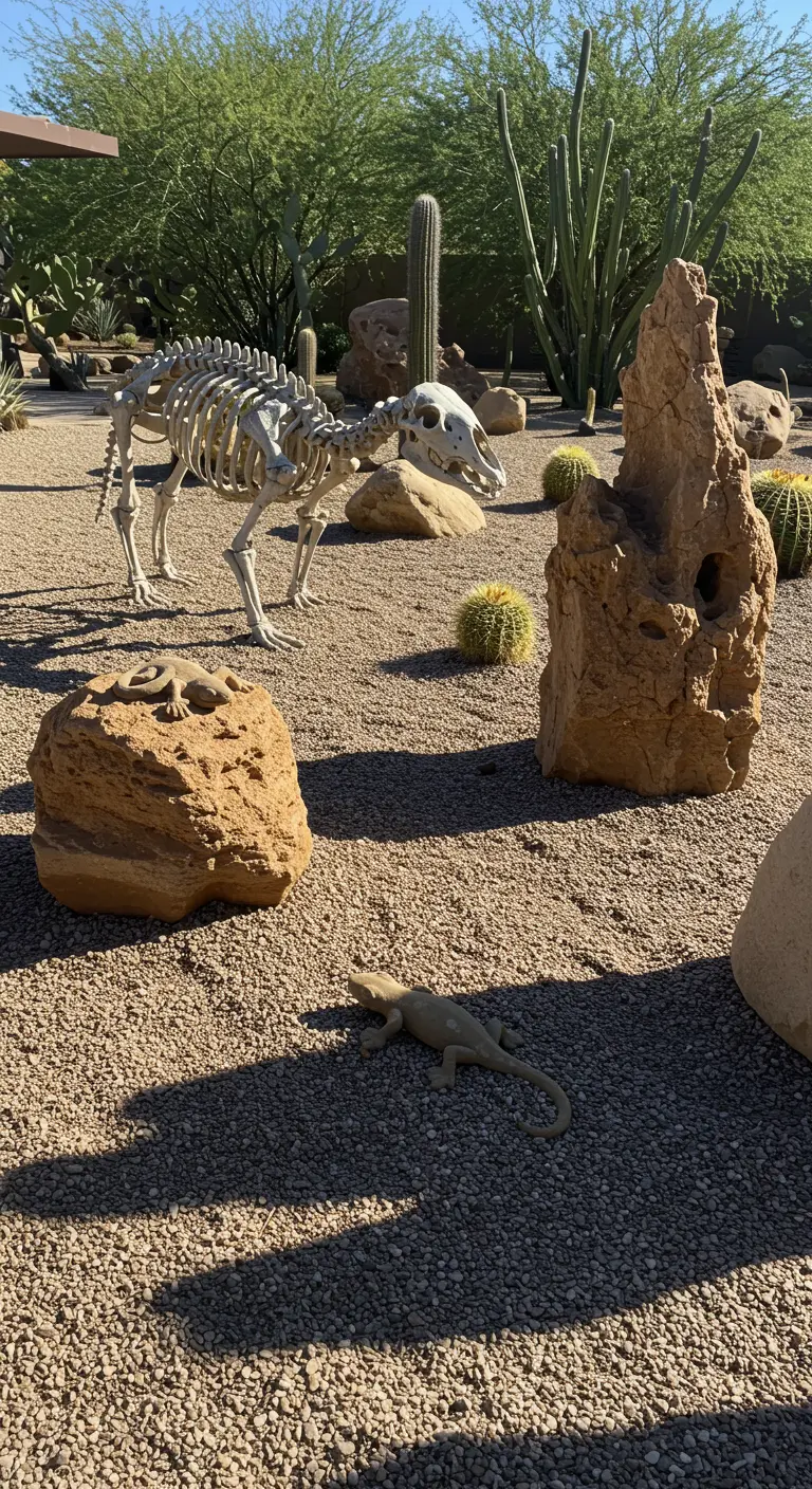 Woestijnachtige tuin met grind, cactussen, rotsen, een stenen dierenskelet en hagedissen.