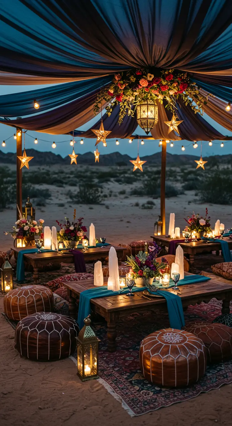 Bohemian woestijnreceptie onder tentdoek met sterren, kristallen en poefs.