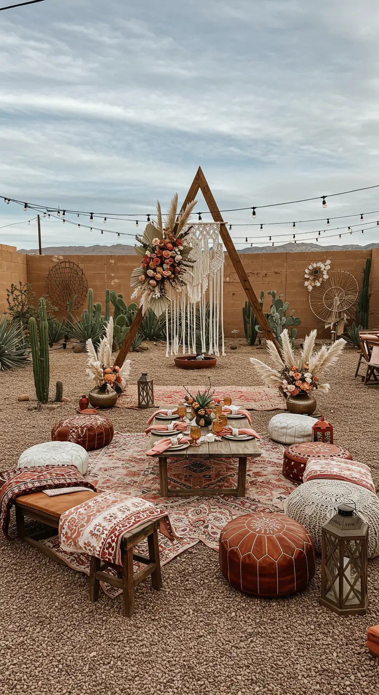 Bohemian desert-stijl bruiloft met A-frame macramé backdrop en aardetinten.