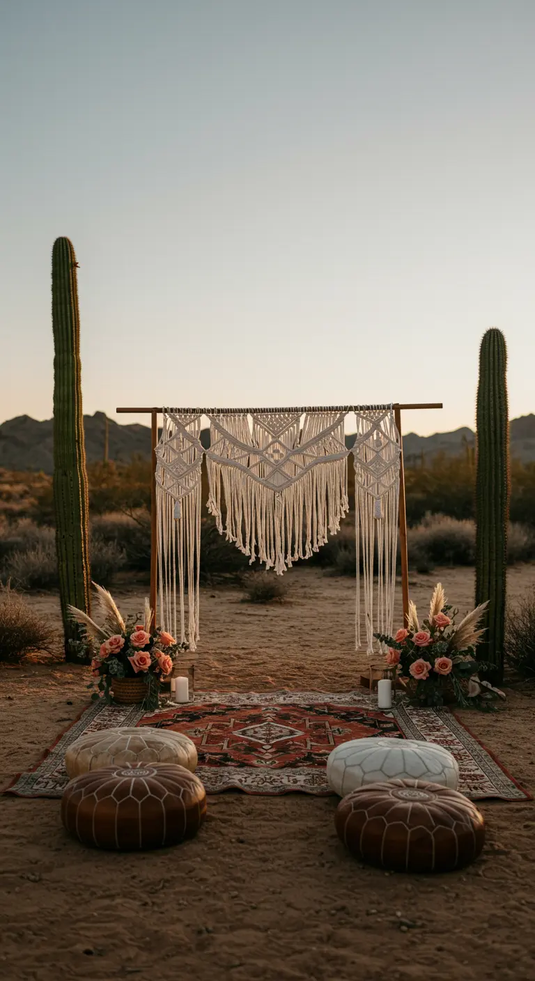 Woestijnceremonie met macramé backdrop, tapijt, poefs en cactussen bij zonsondergang.