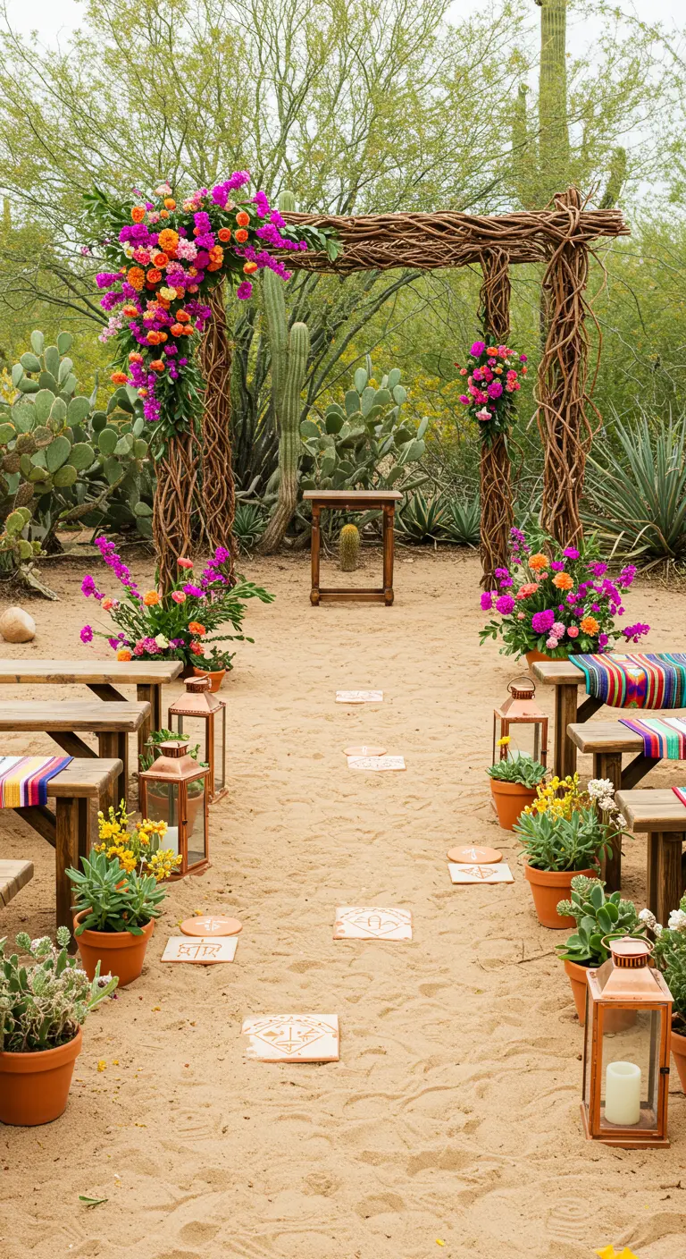 Woestijnceremonie met takkenboog, felle bloemen, cactussen en kleurrijke kleedjes.
