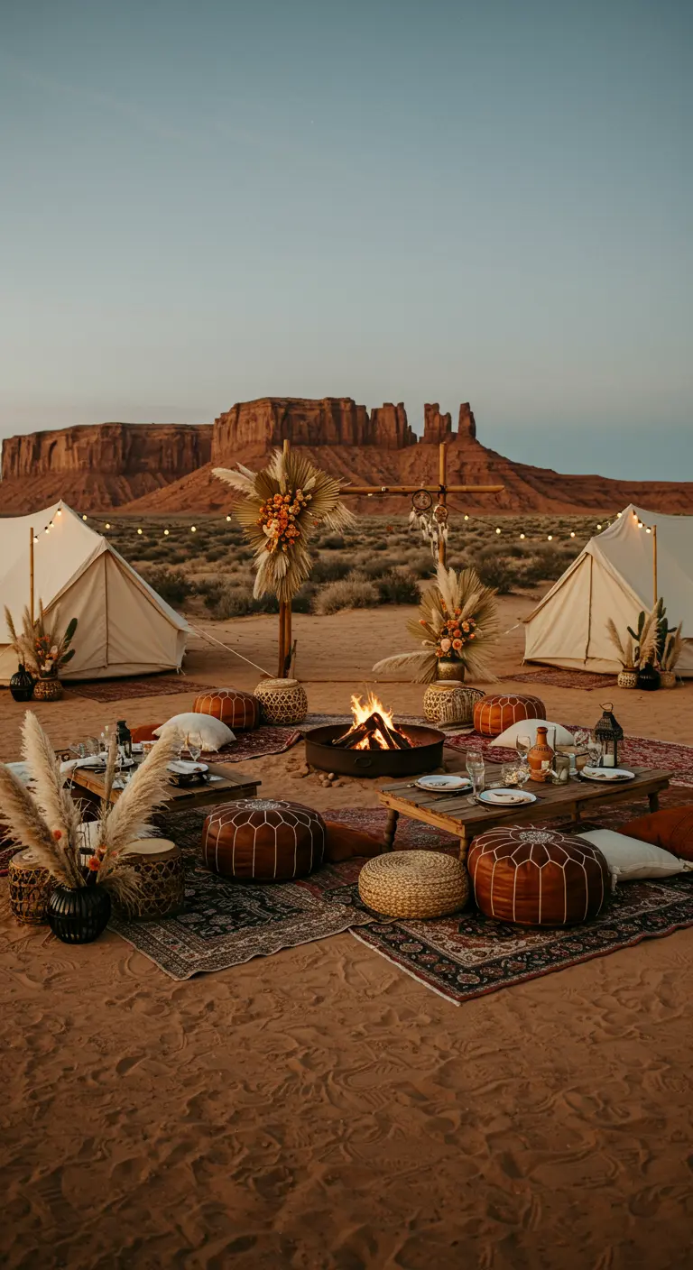 Woestijn trouwfeest met lage tafels, vuurplaats en sfeervolle boho decoraties
