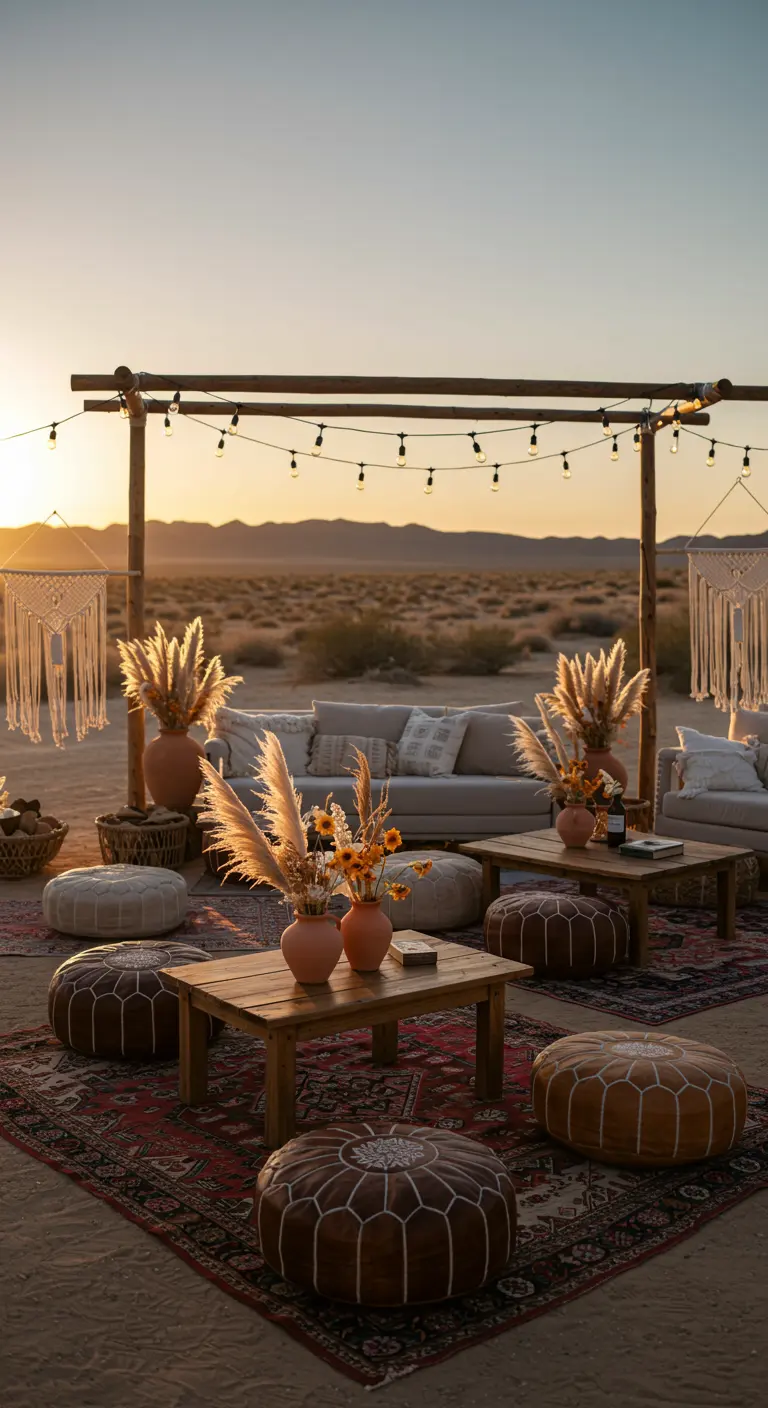 Bohemian lounge in de woestijn met lage tafels, poefs, tapijten en pampasgras bij zonsondergang.
