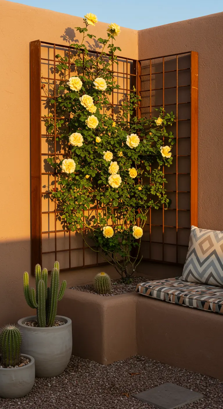 Gele klimrozen tegen metalen trellis op een warme muur, met cactussen en een zitbankje.