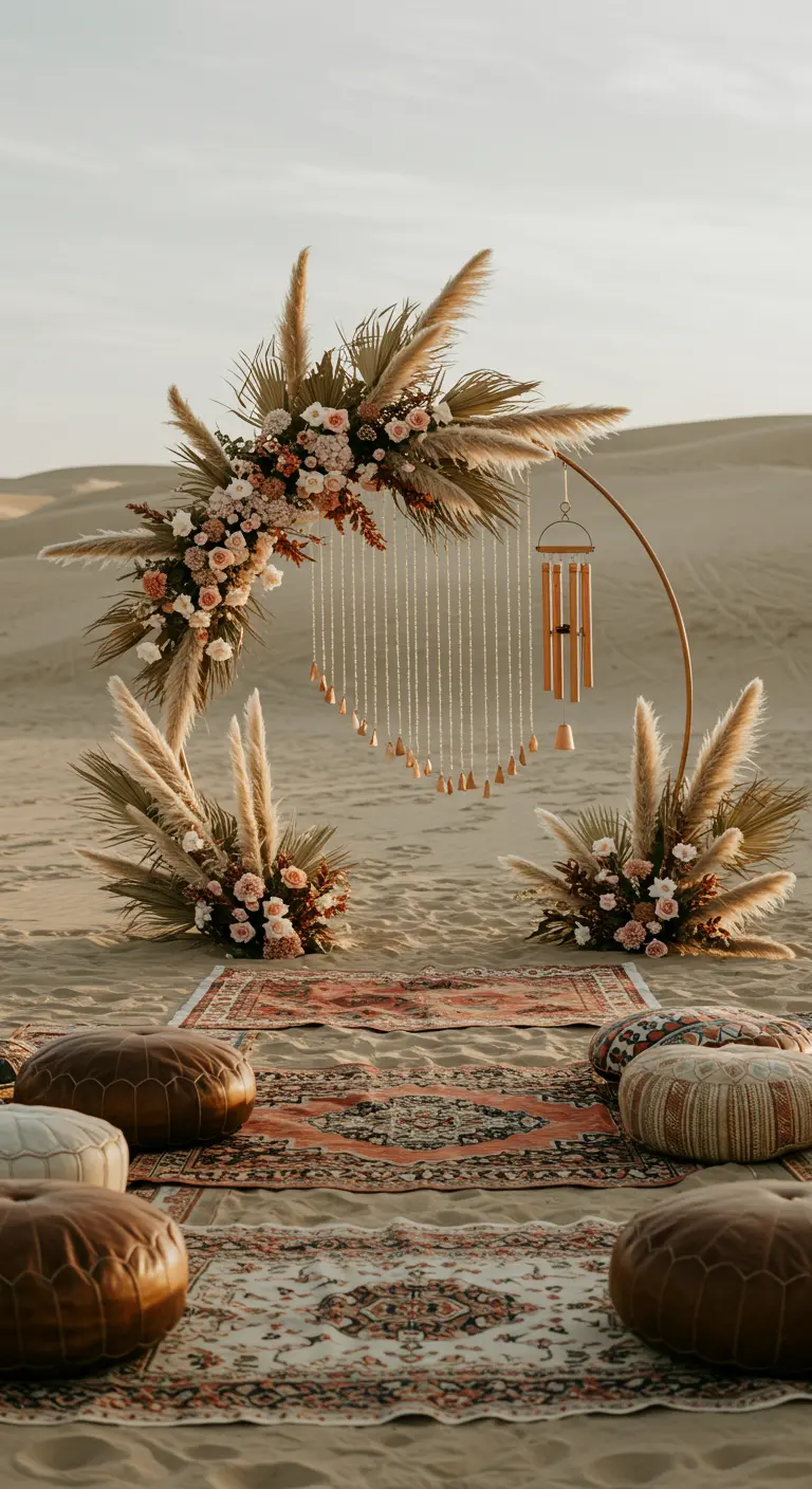 Bohemian halvemaan bloemenboog met pampasgras en macramé in de woestijn.