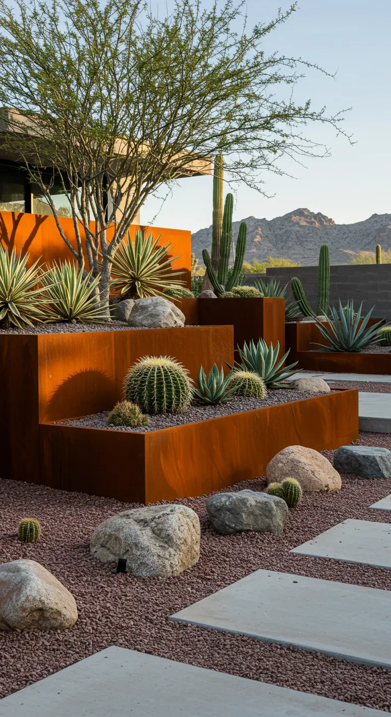 Woestijntuin met gelaagde cortenstalen bakken vol cactussen en vetplanten.