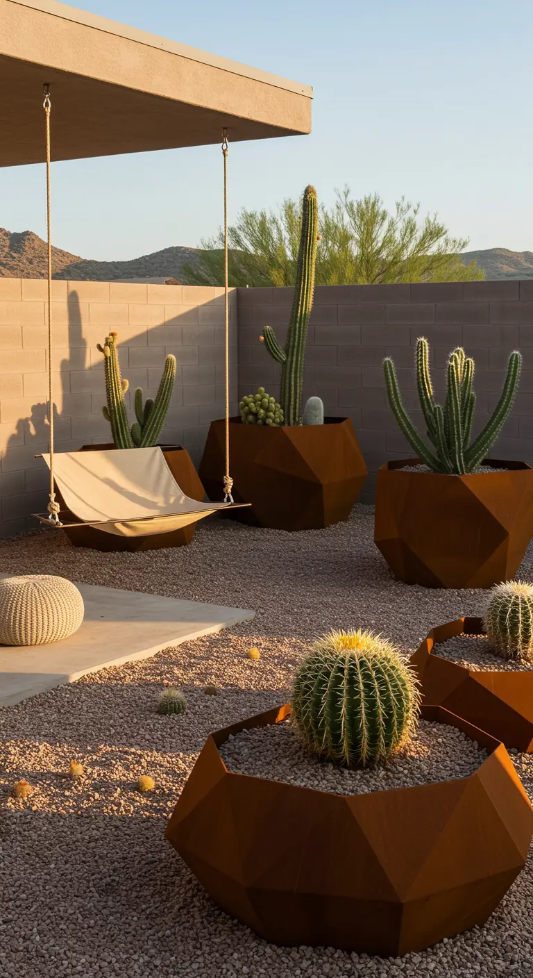 Stoffen hangmat-schommel in moderne woestijntuin met geometrische roestkleurige plantenbakken en cactussen.