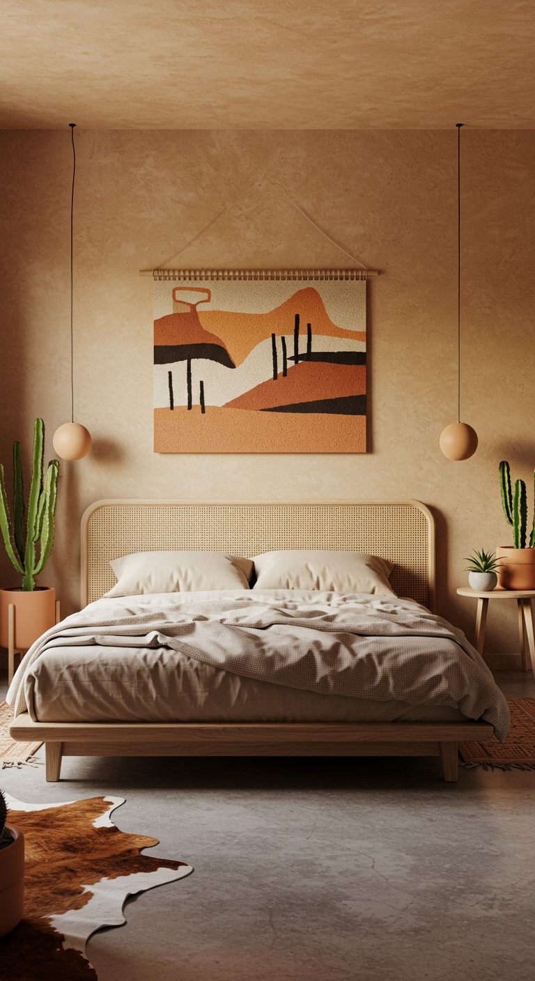 Slaapkamer in woestijnstijl met wandkleed, cactussen, aardetinten en rotan hoofdbord.