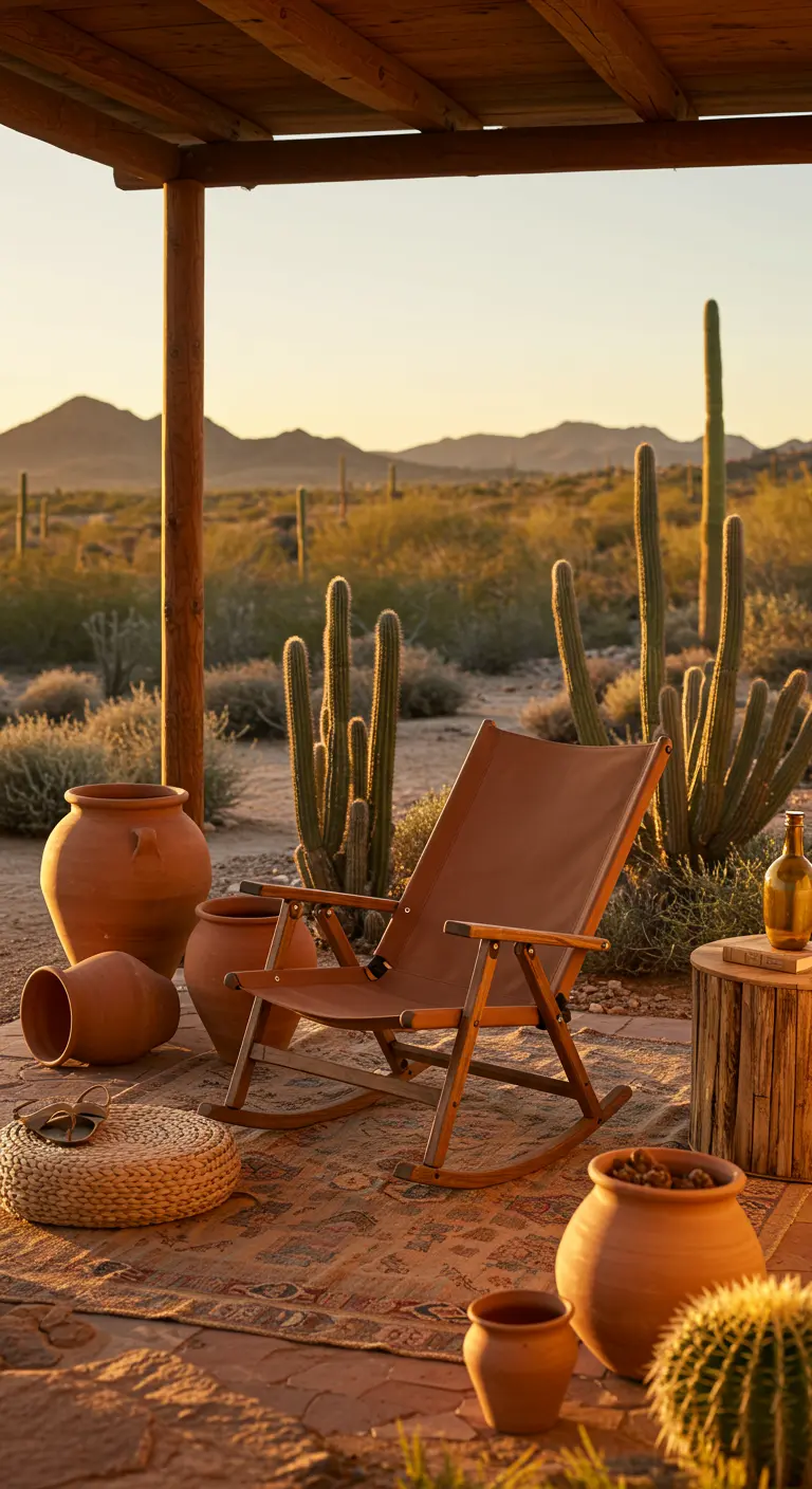 Bruine stoffen inklapbare schommelstoel op een veranda in woestijnstijl met cactussen en terracotta potten.