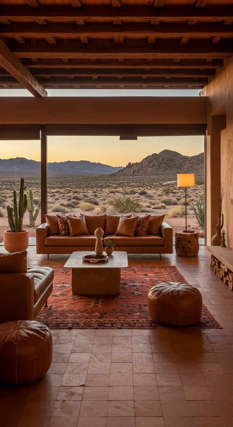 Desert modern woonkamer met leren bank, aardetinten, cactussen en uitzicht op woestijn.