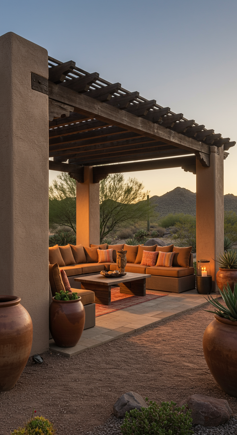 Robuuste houten pergola in woestijnstijl met terracotta potten en warme kleuren bij zonsondergang.