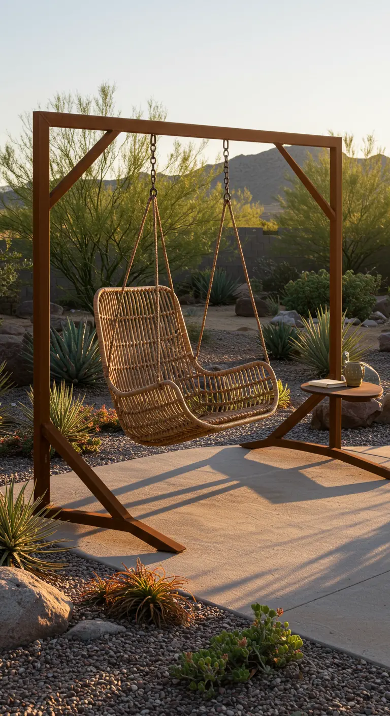 Rotan hangstoel in een bruin metalen A-frame in een tuin met woestijnplanten.