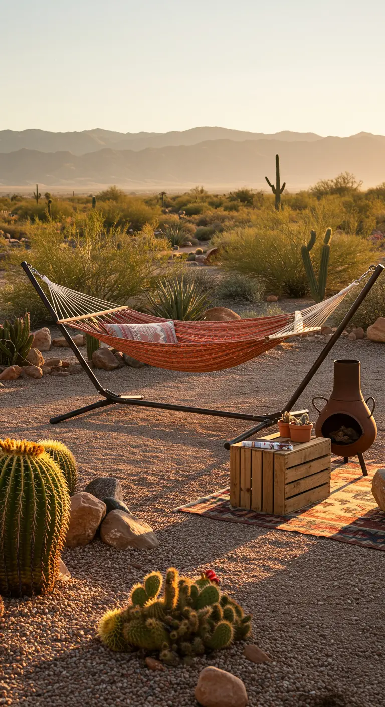 Hangmat in metalen standaard in een woestijnachtige setting met cactussen en een chiminea.