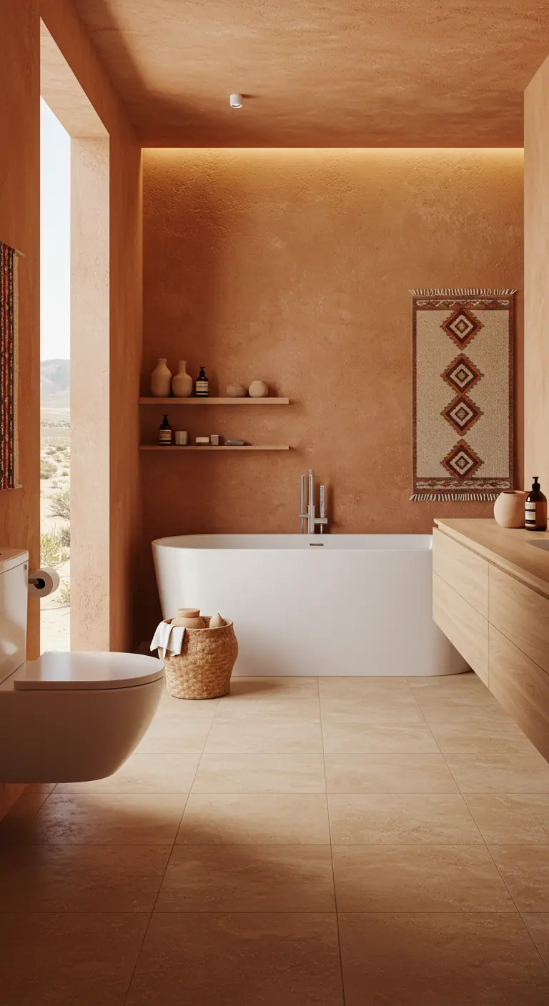 Badkamer met terracotta kalkverf muren, wit vrijstaand bad en houten meubel.