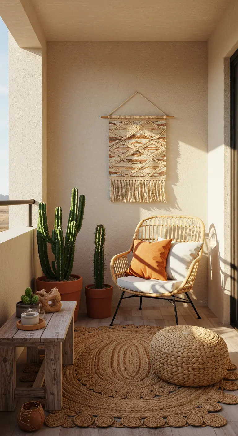 Rotan stoel in een hoek met cactussen, wandkleed, jute kleed en poef.