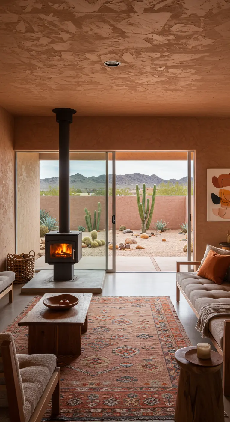Zwarte houtkachel in een woonkamer met terracotta muren en uitzicht op een woestijntuin.