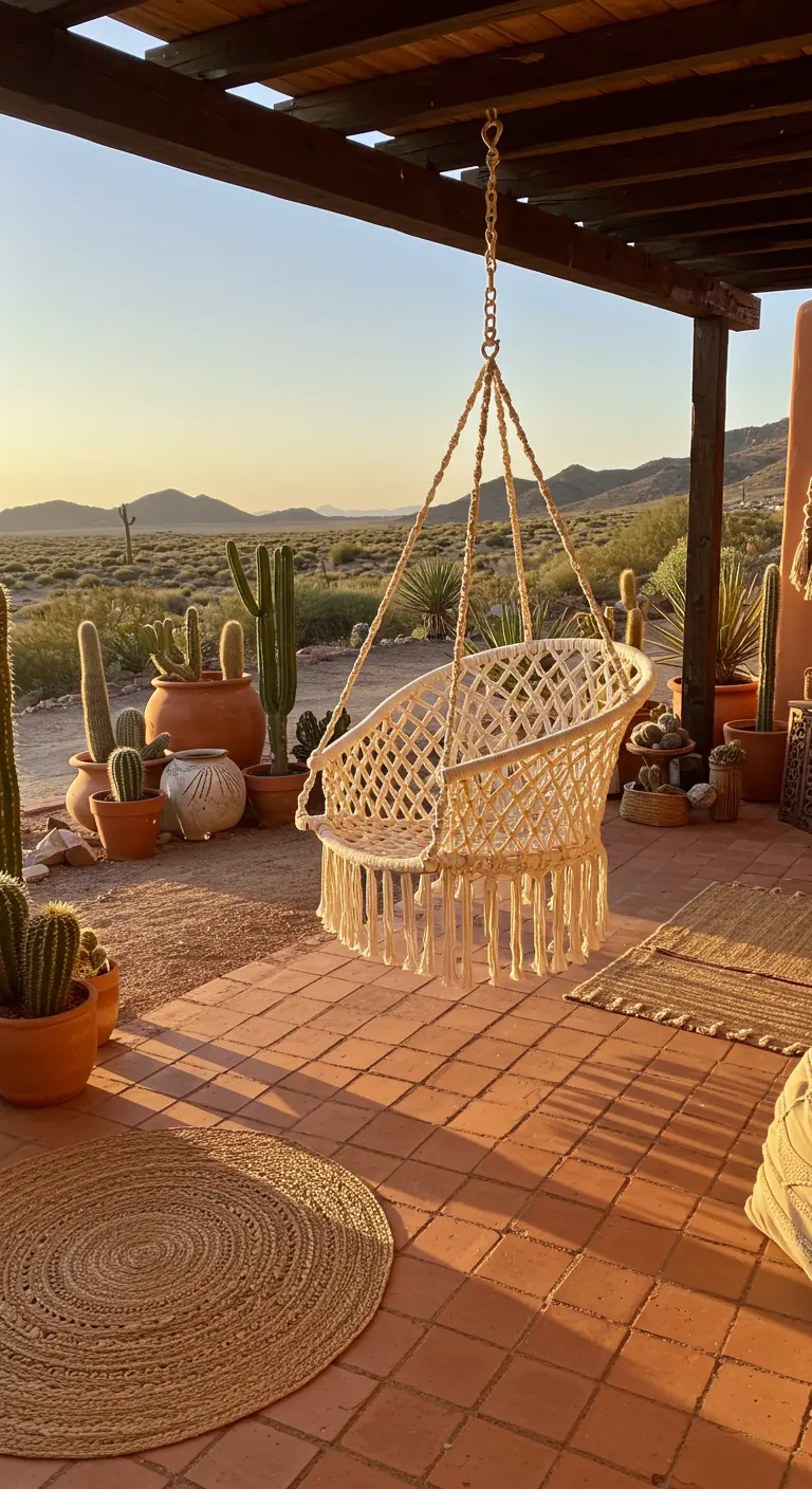 Macramé hangstoel op een veranda in woestijnstijl met cactussen en terracotta potten.