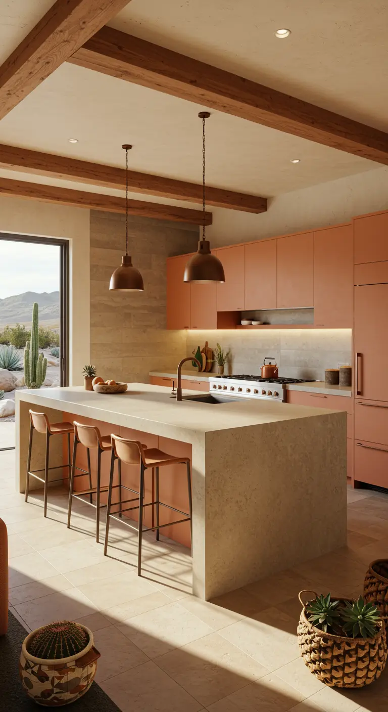 Matte perzikkleurige keuken in desert modern stijl met betonnen eiland.
