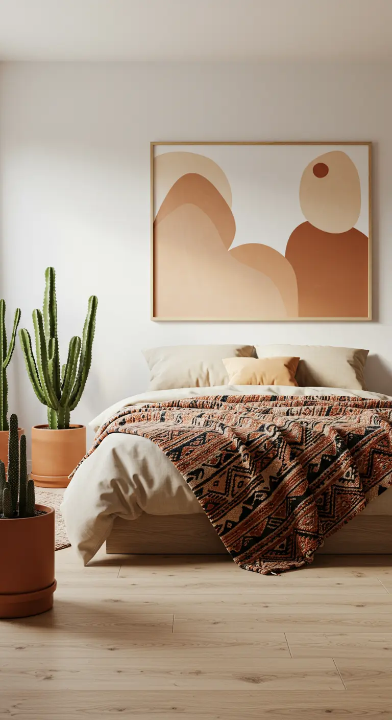 Moderne slaapkamer met een groot abstract kunstwerk in aardetinten en cactussen in potten.