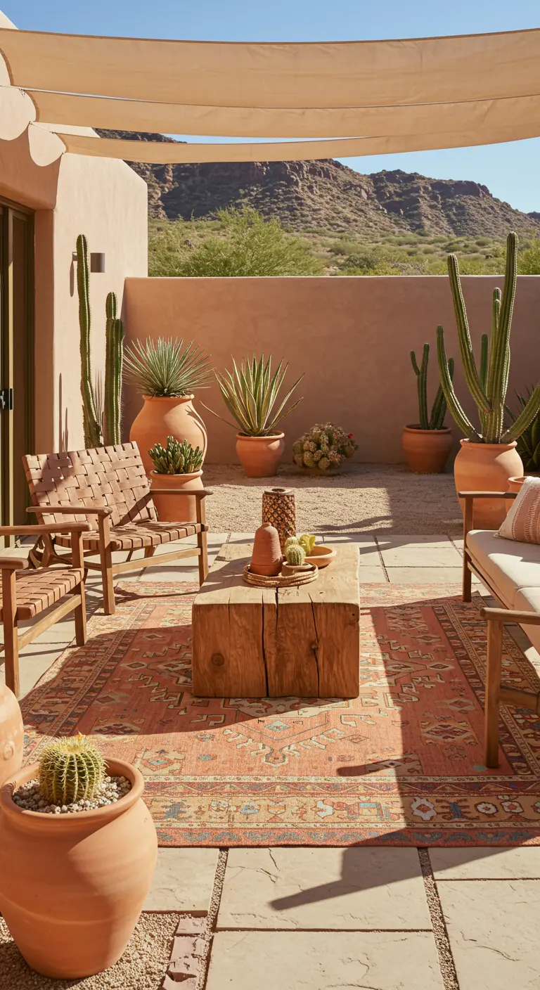 Patio in woestijnstijl met houten meubels, cactussen en een Perzisch-stijl buitenkleed.