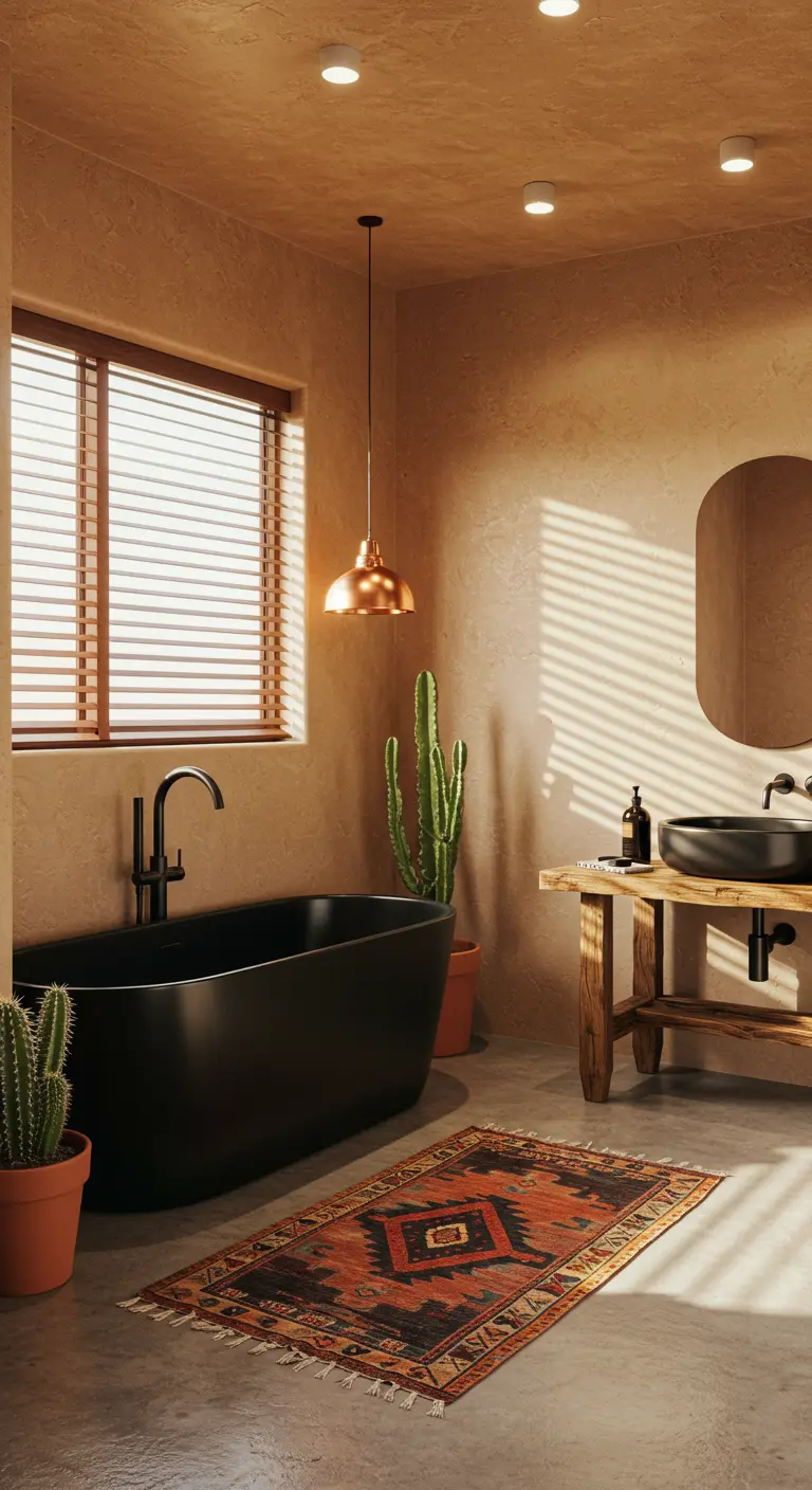 Badkamer in terracotta tinten met zwart bad, cactussen en kelim tapijt.