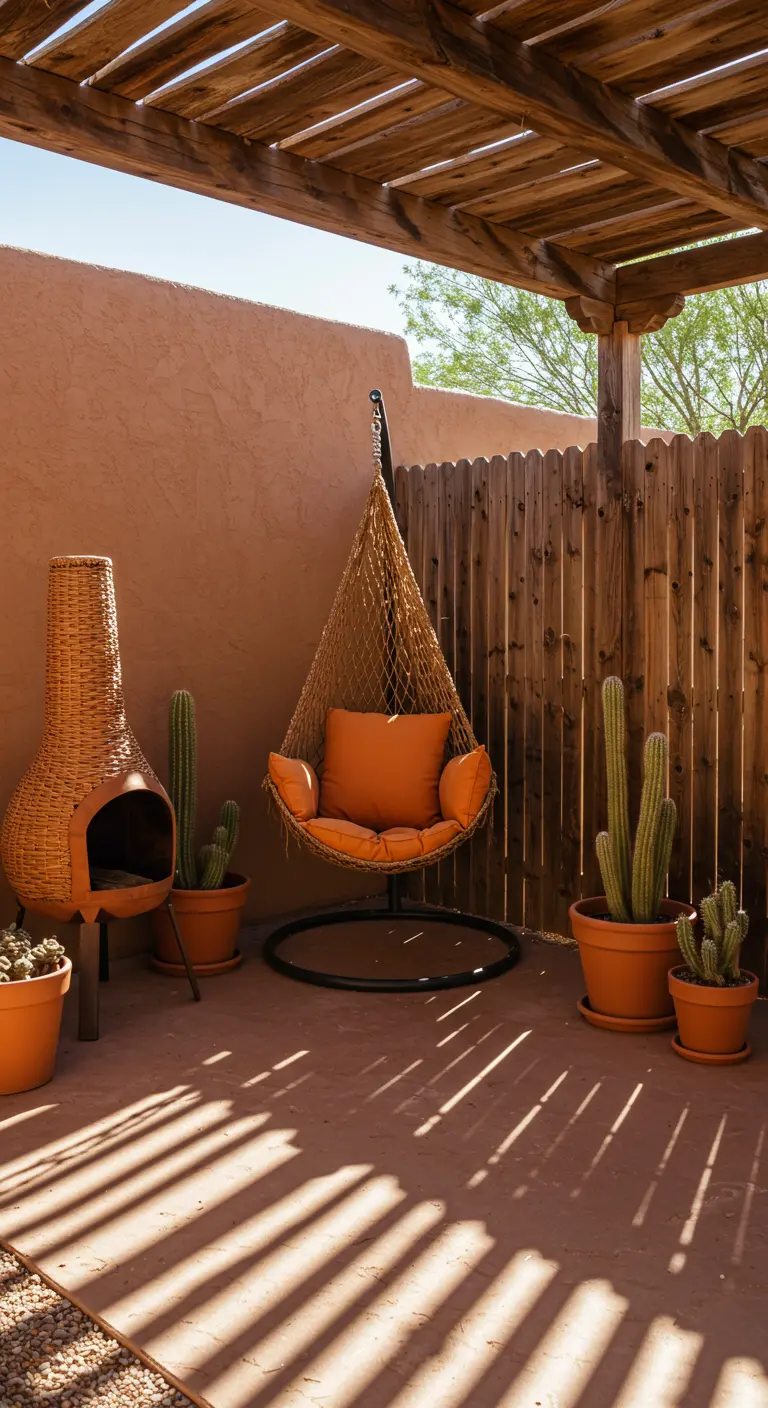 Terras met hangstoel onder pergola, terracotta muur, cactussen en chiminea.
