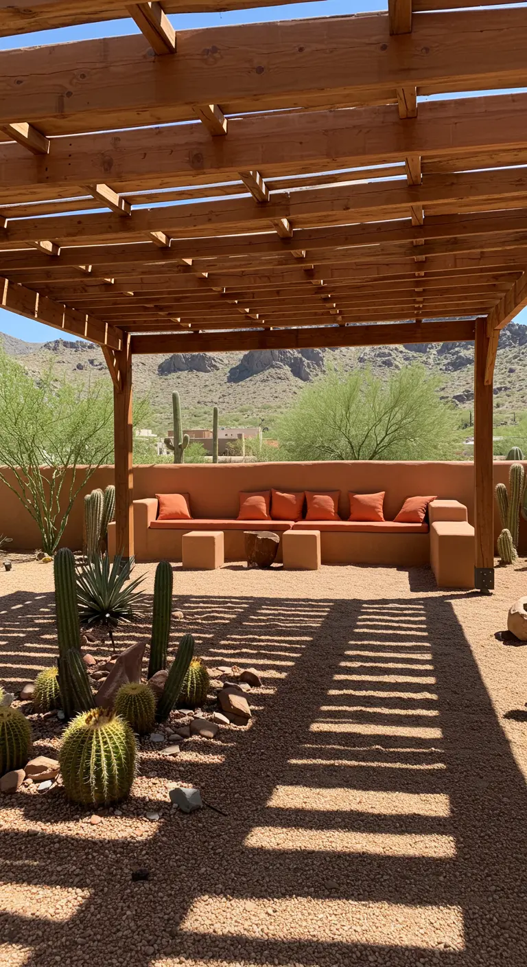 Houten pergola boven een ingebouwde adobe-stijl bank met oranje kussens, omgeven door cactussen.