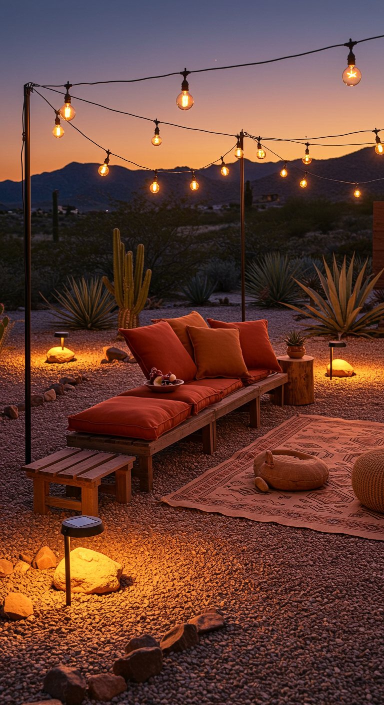 Woestijnachtige setting met houten daybed, lichtslingers en solar lampjes.