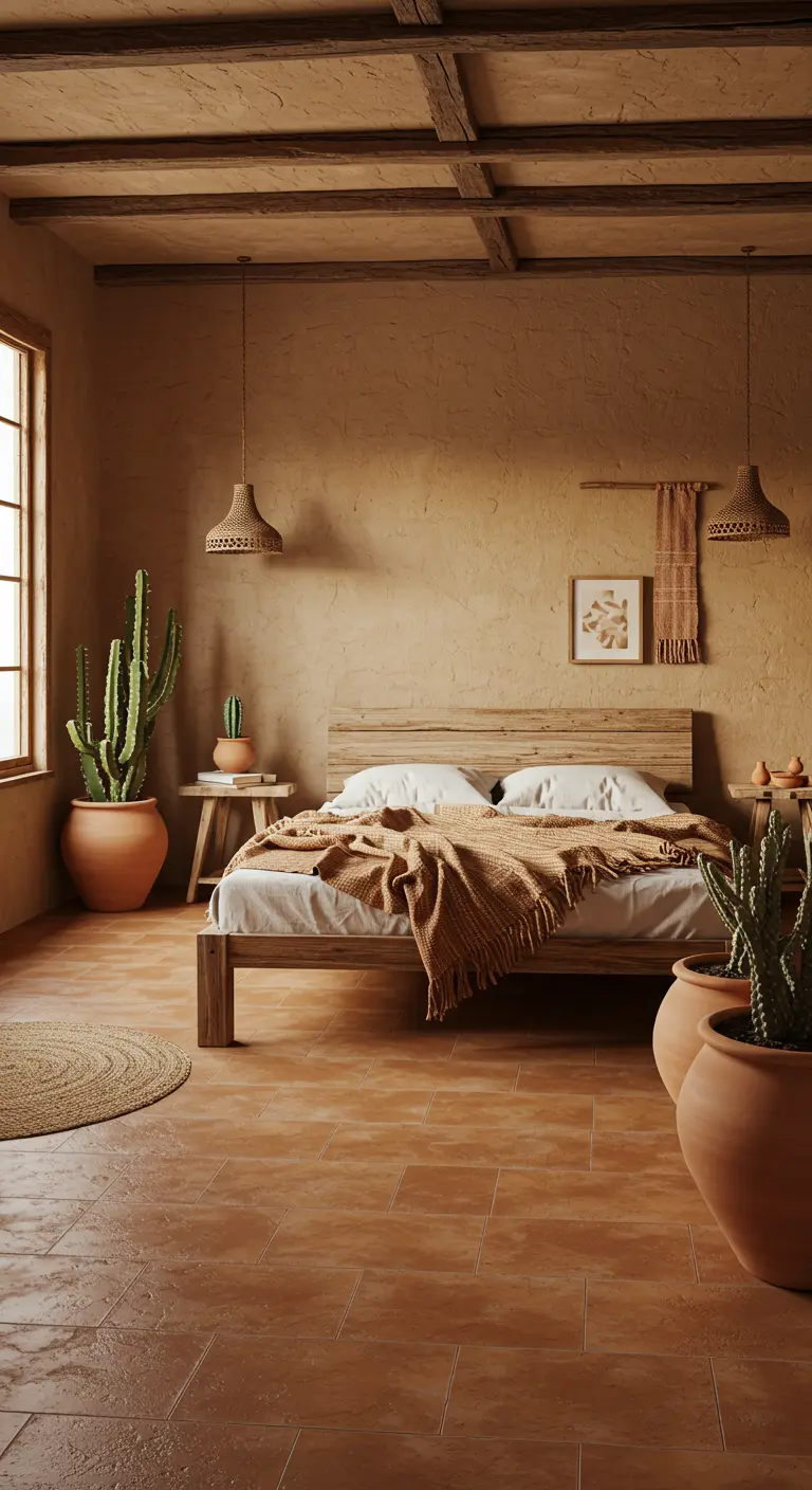 Slaapkamer met terracotta tegels, aardetinten muren en cactussen.