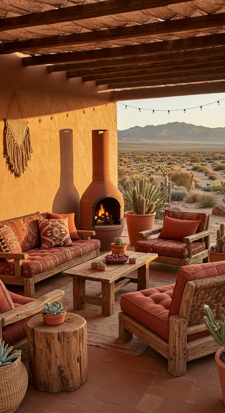 Terracotta terras met houten meubels, kussens met etnische print, chiminea en cactussen.