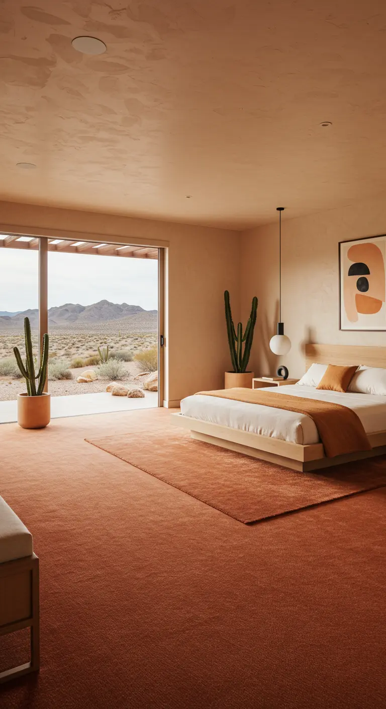 Slaapkamer in woestijnstijl met een terracotta-kleurig tapijt en uitzicht op de woestijn.