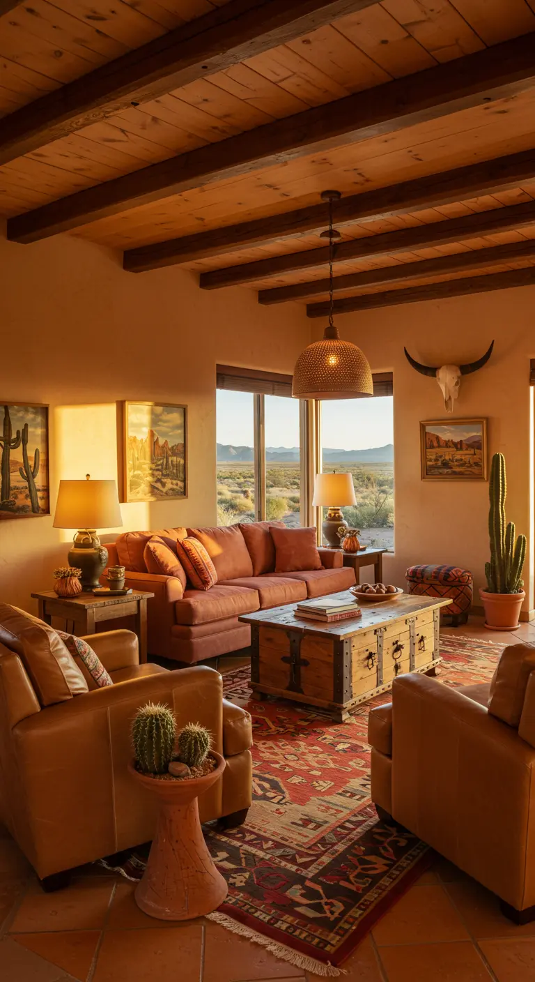 Zuidwestelijk interieur met terracotta bank, leren fauteuils en cactussen.