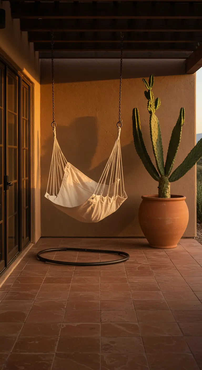 Crèmekleurige hangstoel met cactus in pot op een terras met warme tinten.