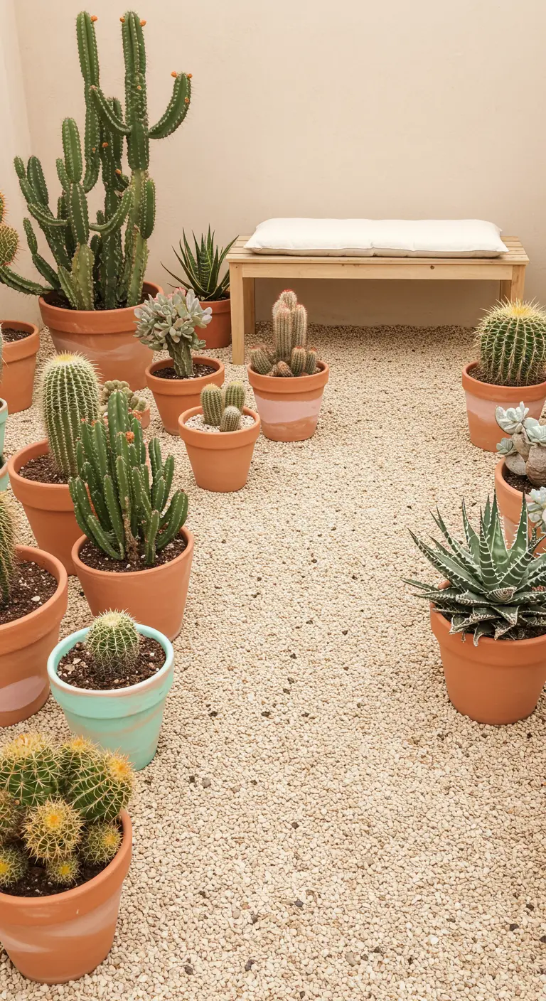Terras met grind, terracotta en pastelkleurige potten met cactussen, houten bank.
