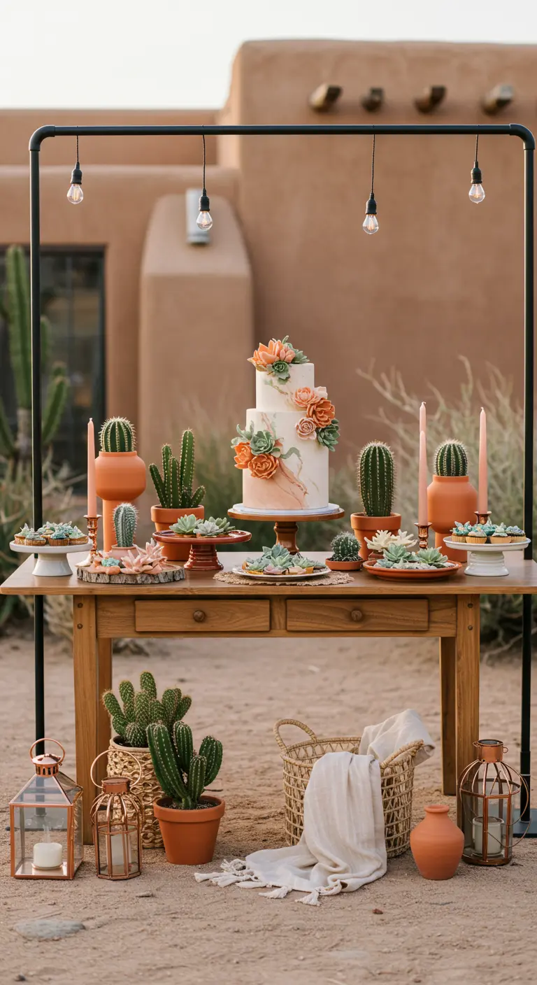 Taarttafel in woestijnstijl met cactussen, terracotta, en hangende peertjes.